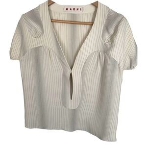 MARNI silk crepe tulip sleeve blouse - ecru with fine gray stripes